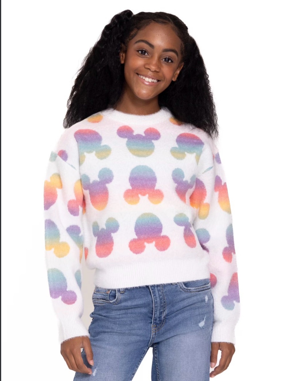 Disney White Crewneck Sweater with Rainbow Mickey Silhouettes
